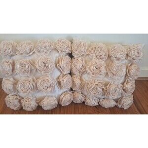 Thro by Marlo Lorenz Throw Pillows Pair of 2 Beige Rosettes Raised 3D Roses